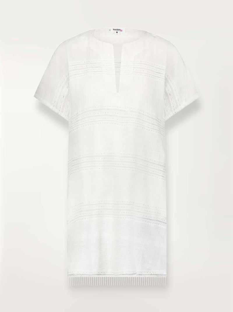 Product-shot of the front of the white Abira tunic dress with stitches of silver lurex