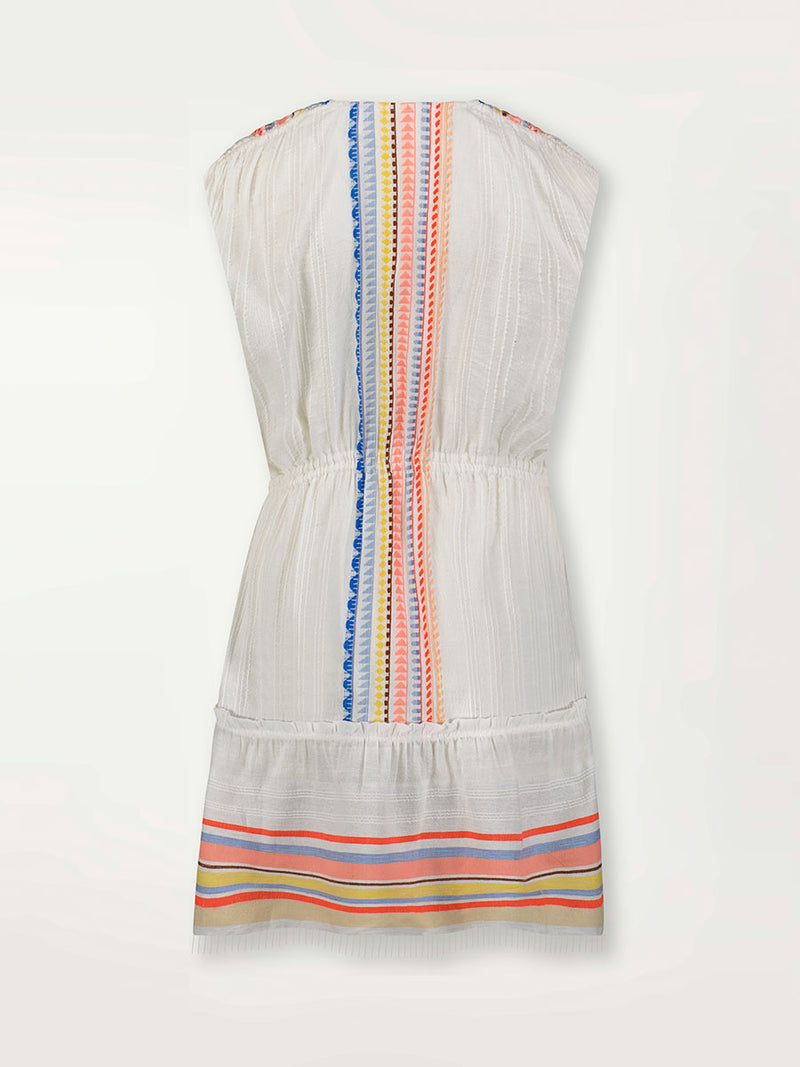Product shot of the back the Bekah Short Sleeveless Plunge Neck Dress featuring 10 tutti frutti colors embroidered on a white background.  