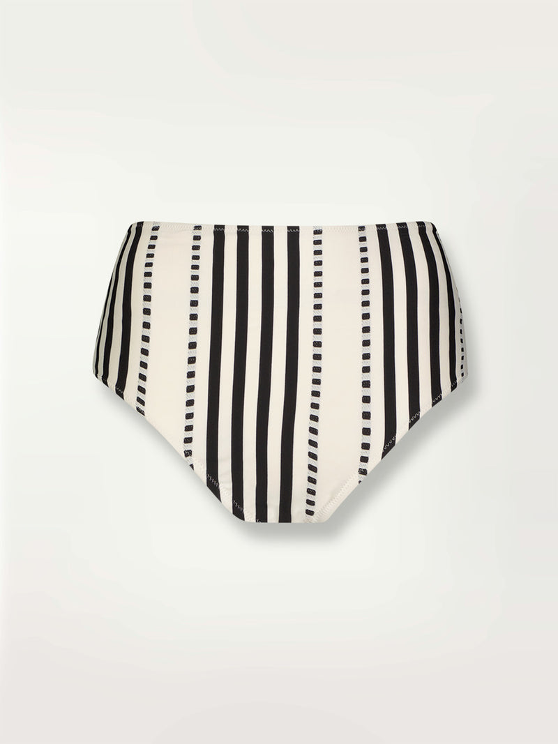 Product shot of the Eshe High Waist Bikini Bottom featuring architectural and textured black stripes and dotted lines on an off white background.