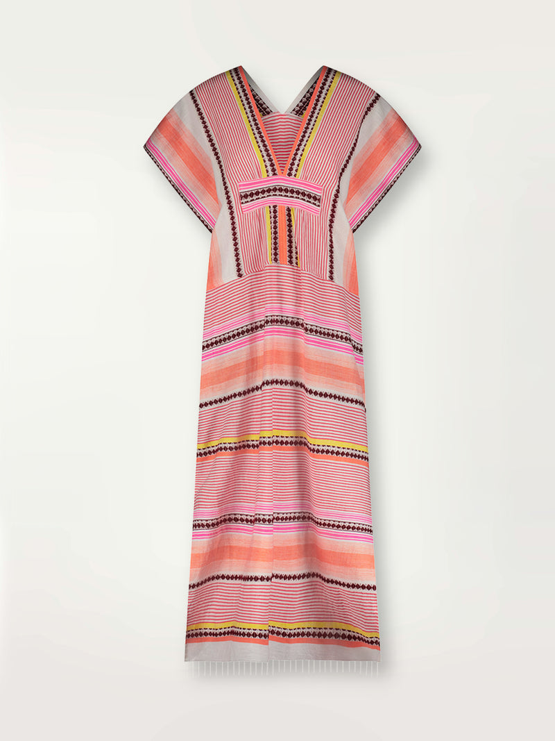 Product shot of the Cirq Long Caftan Dress featuring pink, orange and yellow stripes and signature Tibeb design in burgundy bands.