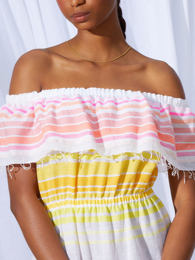 A zoomed in view of the top of the Jamila Beach Dress featuring shades of yellow and pink stripes on white foreground.