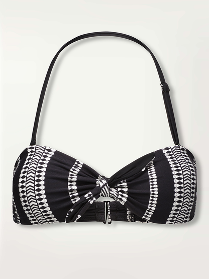Product Shot of the Luchia Bandeau Top in black white white graphic diamond and arrows pattern.