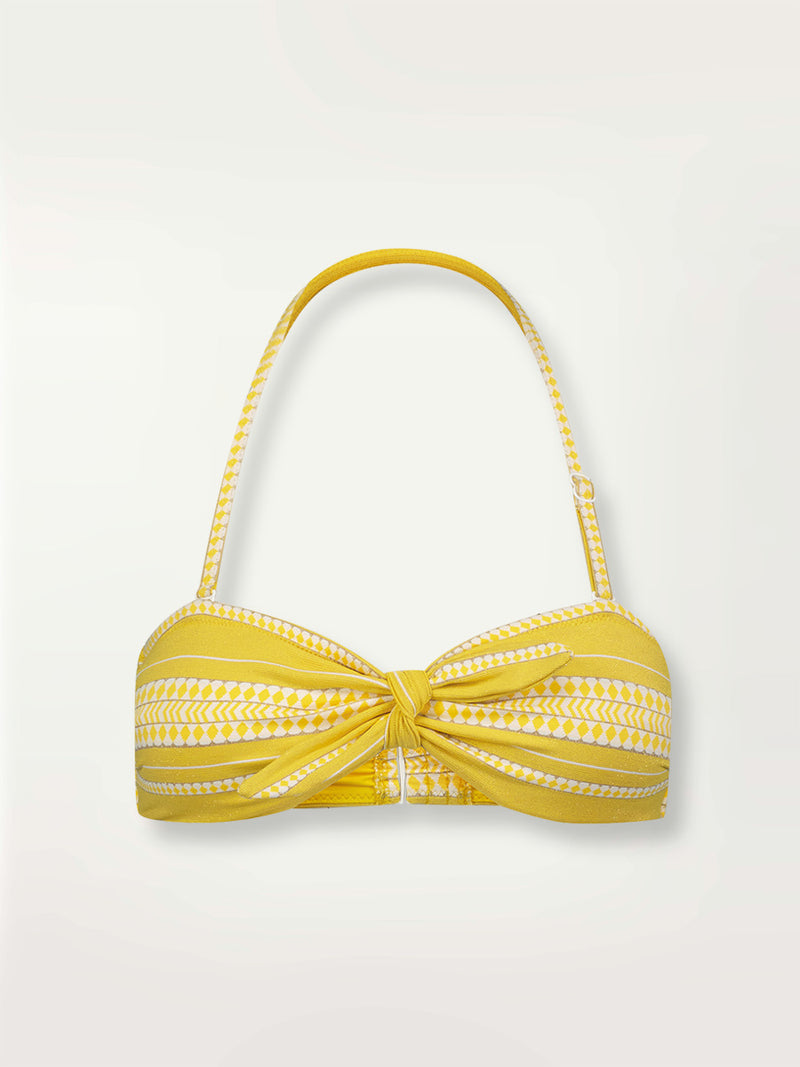 Product shot of the Luchia Bandeau Top in yellow and enhanced with ivory and strands of golden shimmering lurex.