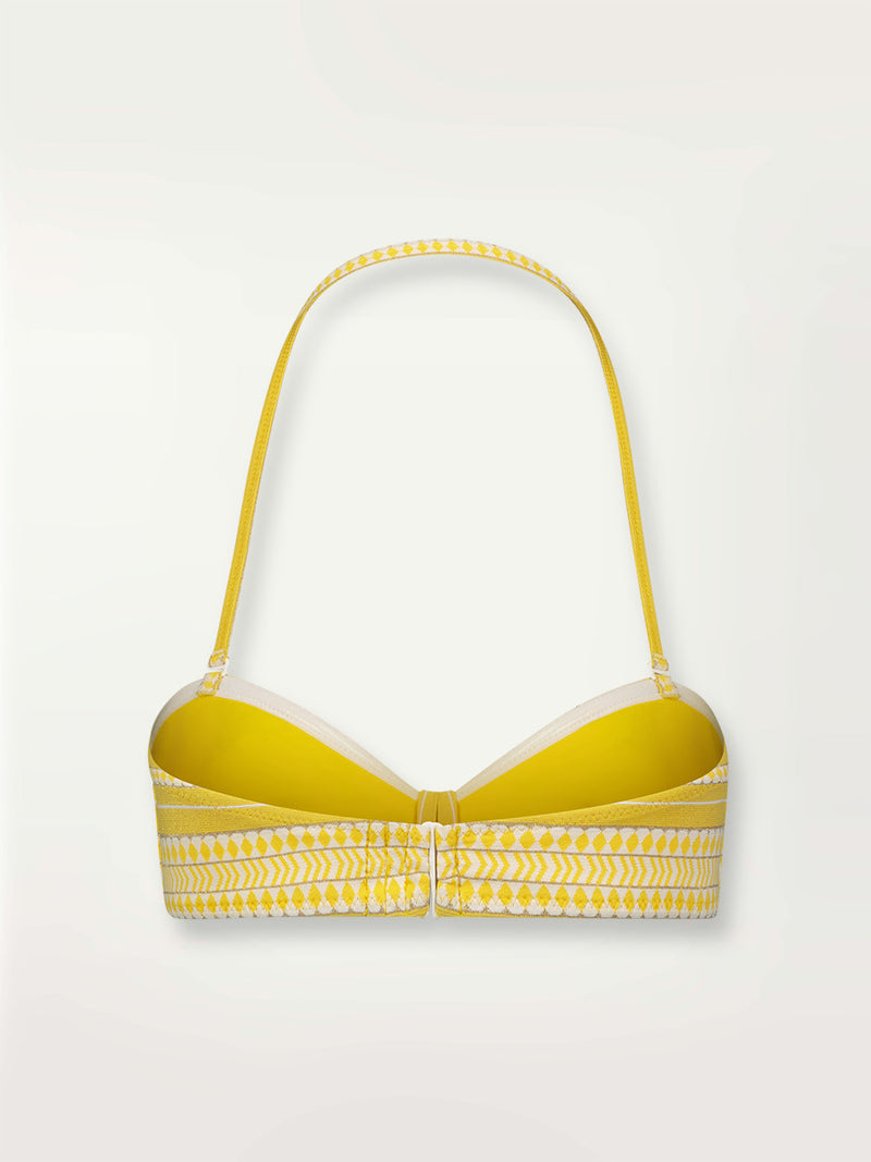 Product shot of the back the Luchia Bandeau Top in yellow and enhanced with ivory and strands of golden shimmering lurex.