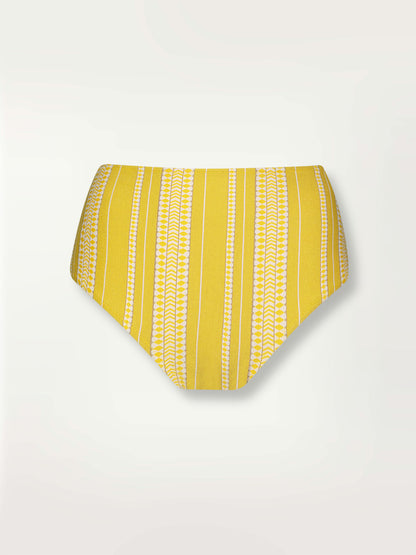 Product shot of the Luchia High Waist Bottom in yellow and enhanced with ivory and strands of golden shimmering lurex.