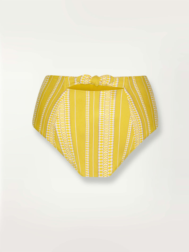 Product shot of the back the Luchia High Waist Bottom in yellow and enhanced with ivory and strands of golden shimmering lurex.