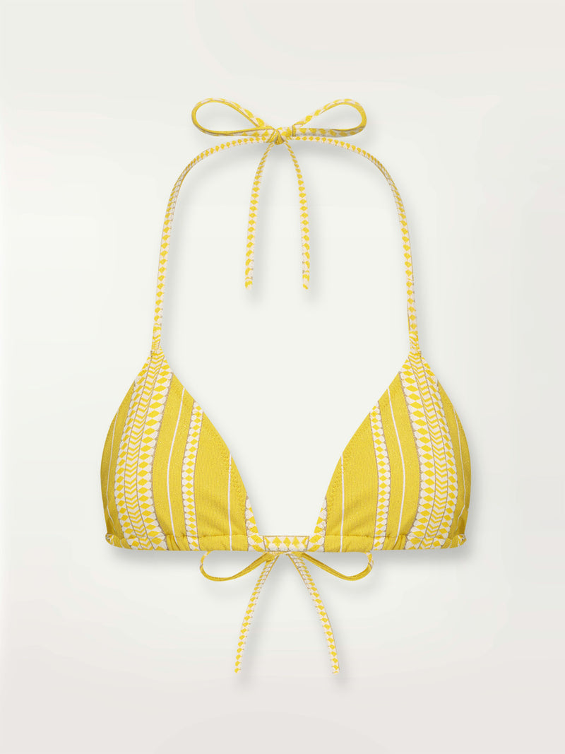 Product shot of the Luchia Triangle Top in yellow and enhanced with ivory and strands of golden shimmering lurex.
