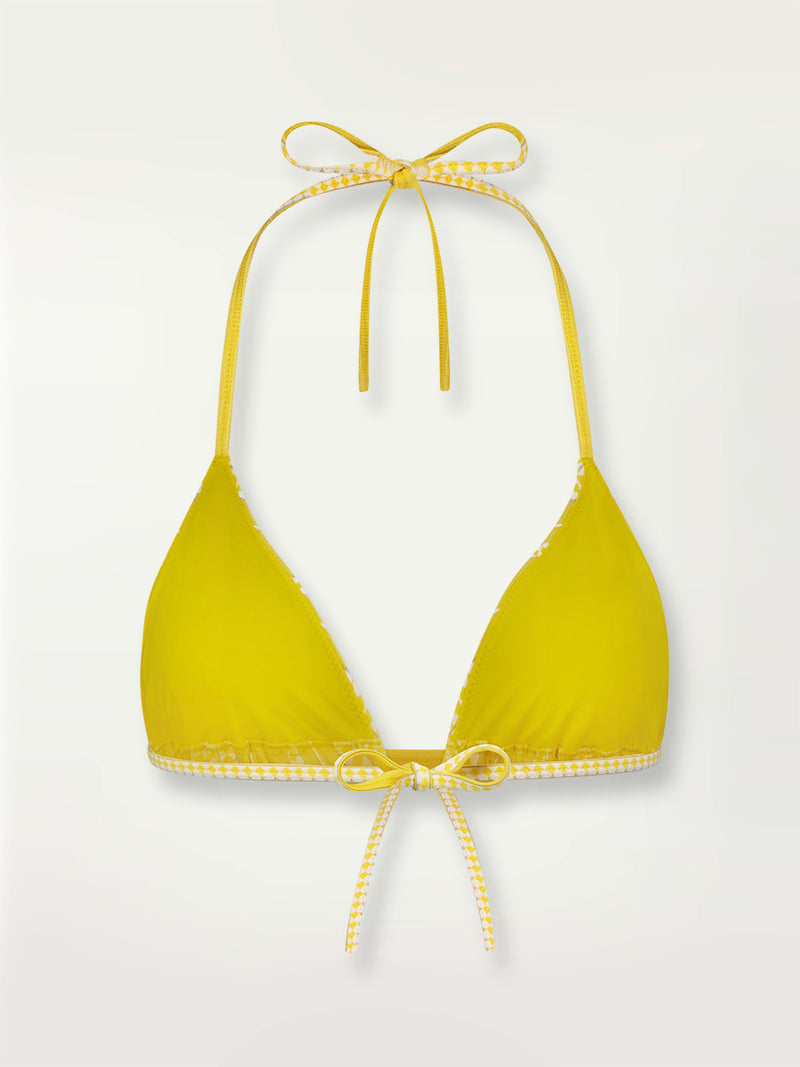 Product shot of the back the Luchia Triangle Top in yellow and enhanced with ivory and strands of golden shimmering lurex.