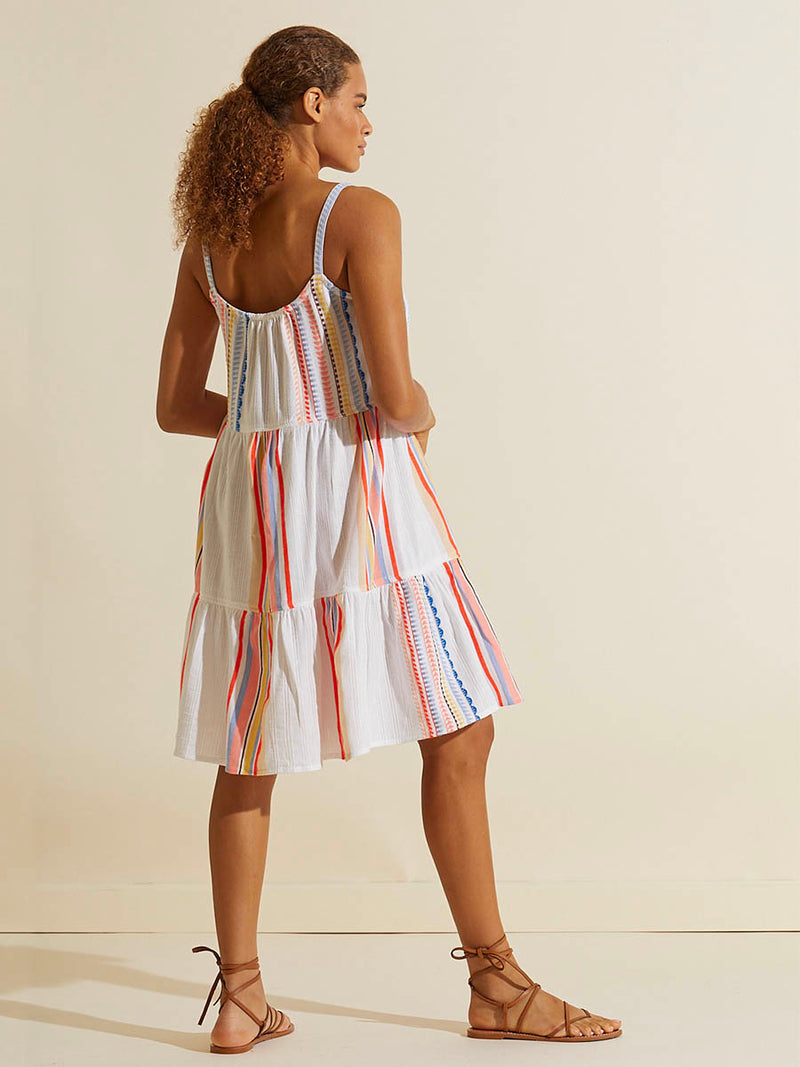 Back view of a woman wearing the Bekah Midi Cascade Dress featuring 10 tutti frutti colors embroidered on a white background.  