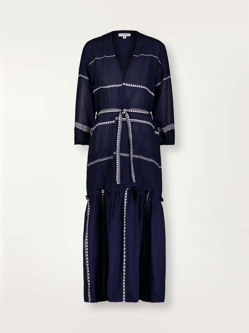 product shot navy with white stripes and graphics long robe