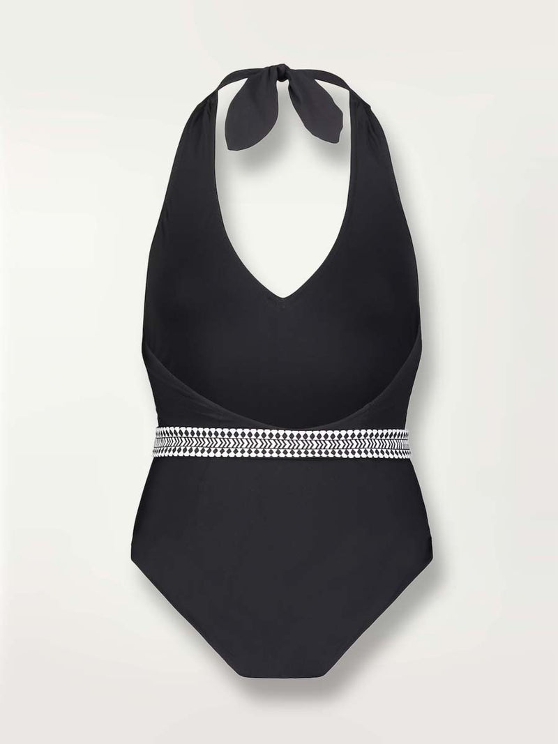 Product shot of the back of the Lena Deep V One Piece in Black featuring a black and white tibeb waist tie.