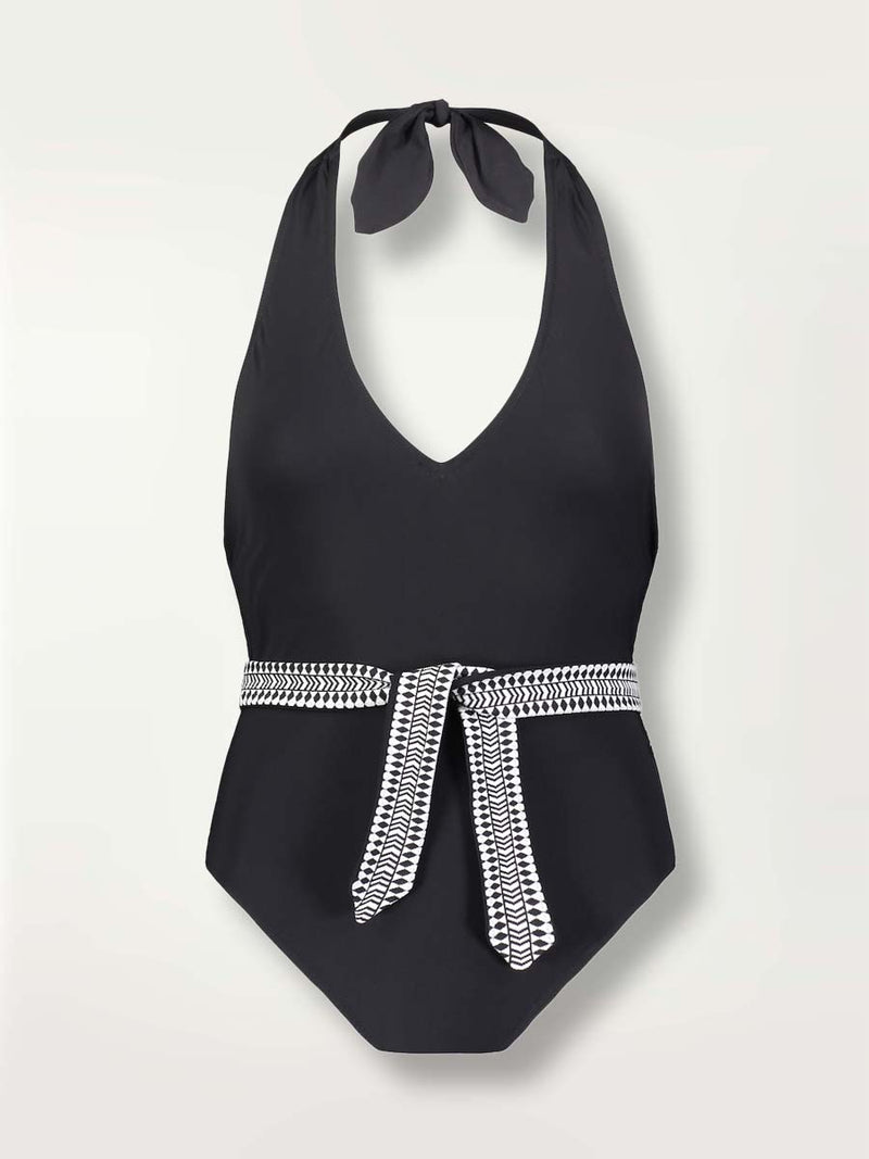 Product shot of the front of the Lena Deep V One Piece in Black featuring a black and white tibeb waist tie.