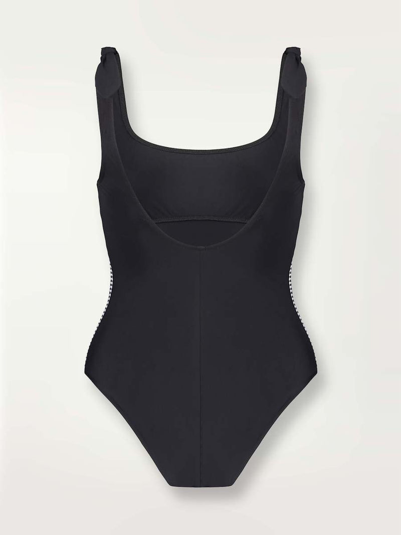 product shot of the back of the Sofia Nageur one piece swimsuit in black with graphic diamond trim