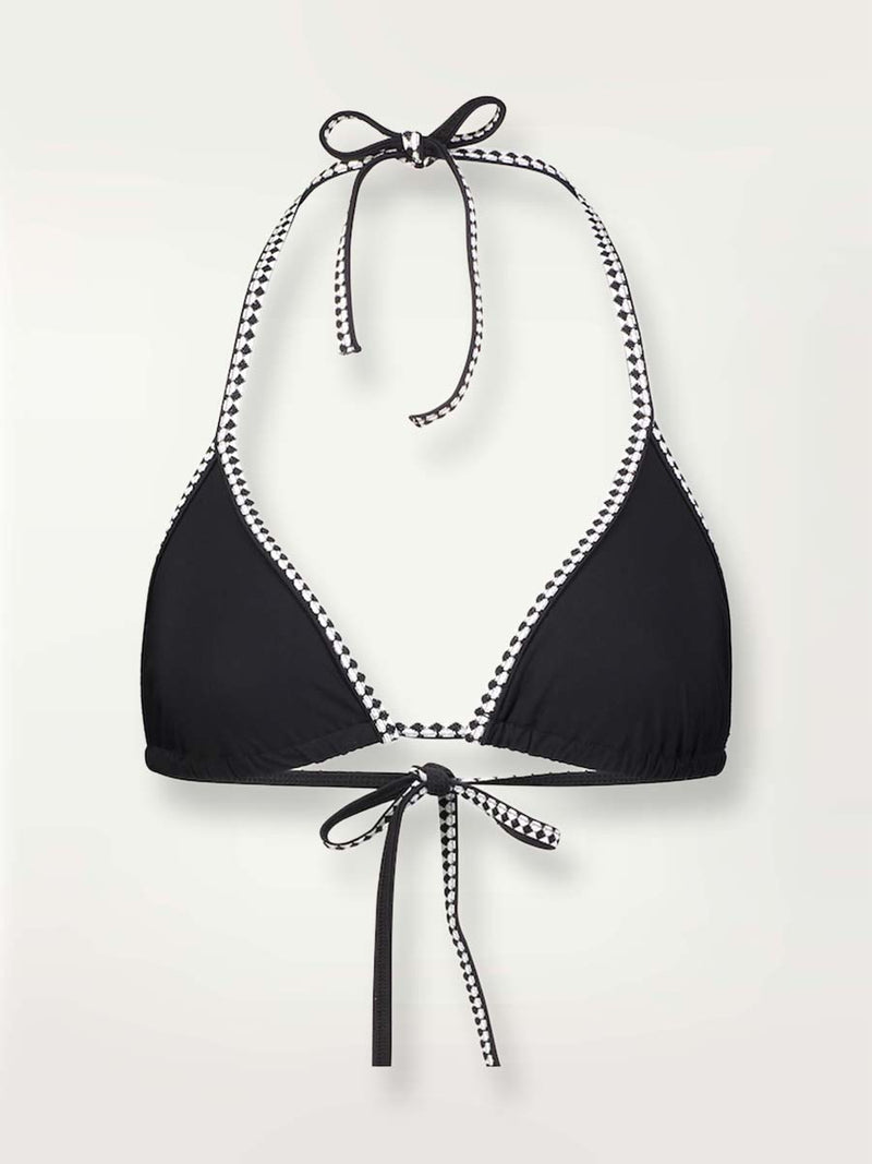 Product shot of the Lena Triangle Bikini top in black with graphic diamond white trim. 