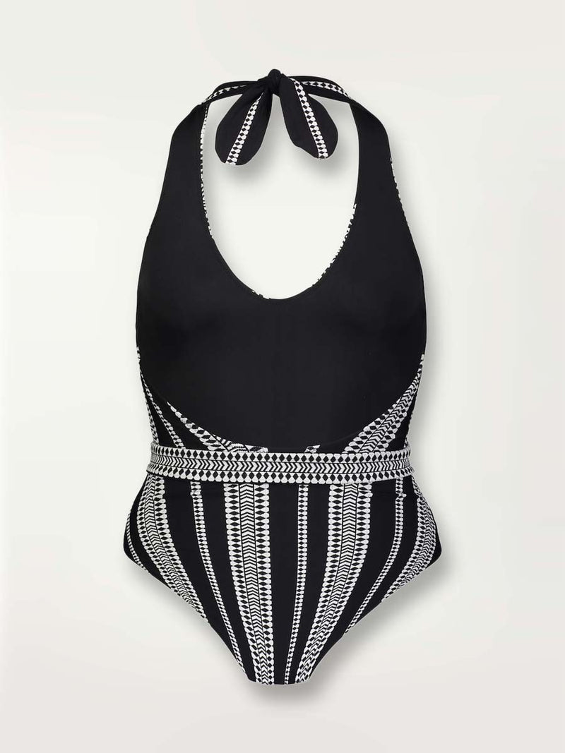 product shot back view of the Luchia Deep V one piece swimsuit in black with graphic white diamond and arrows.