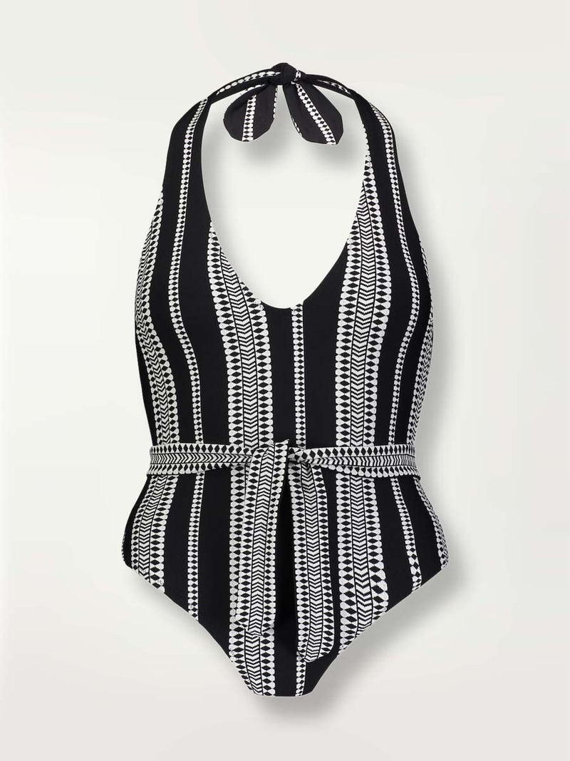 product shot of the Luchia Deep V one piece swimsuit in black with graphic white diamond and arrows.