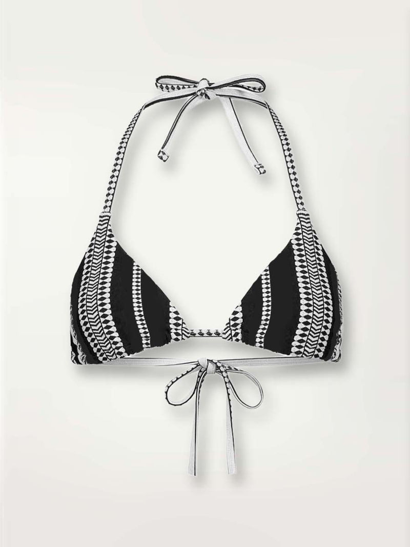 product shot of the luchia triangle bikini top in black graphic diamond and arrows triangle