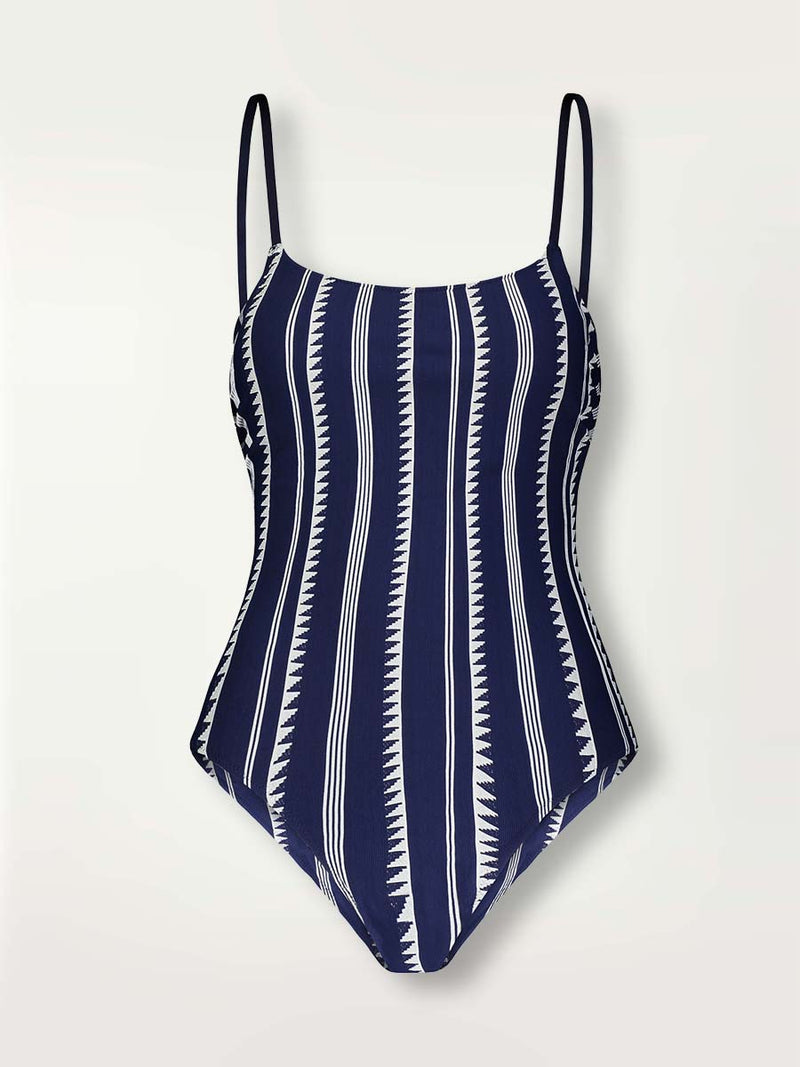 Product-shot navy Nunu classic one piece swimsuit with white triangles and stripes