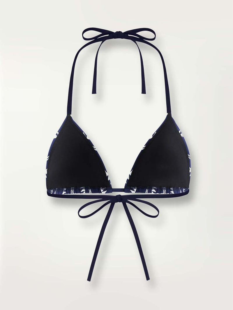 Product-shot back view of a navy Nunu triangle bikini top with white triangles and stripes