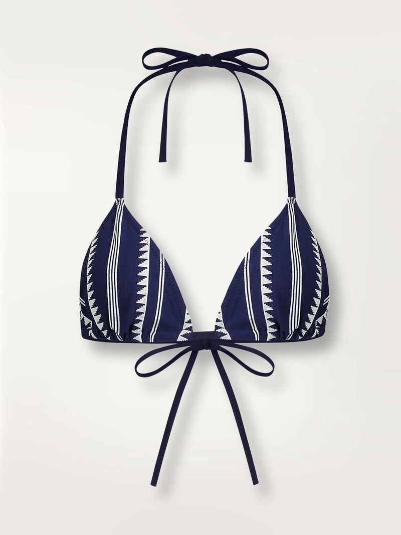 Product-shot of a navy Nunu triangle bikini top with white triangles and stripes