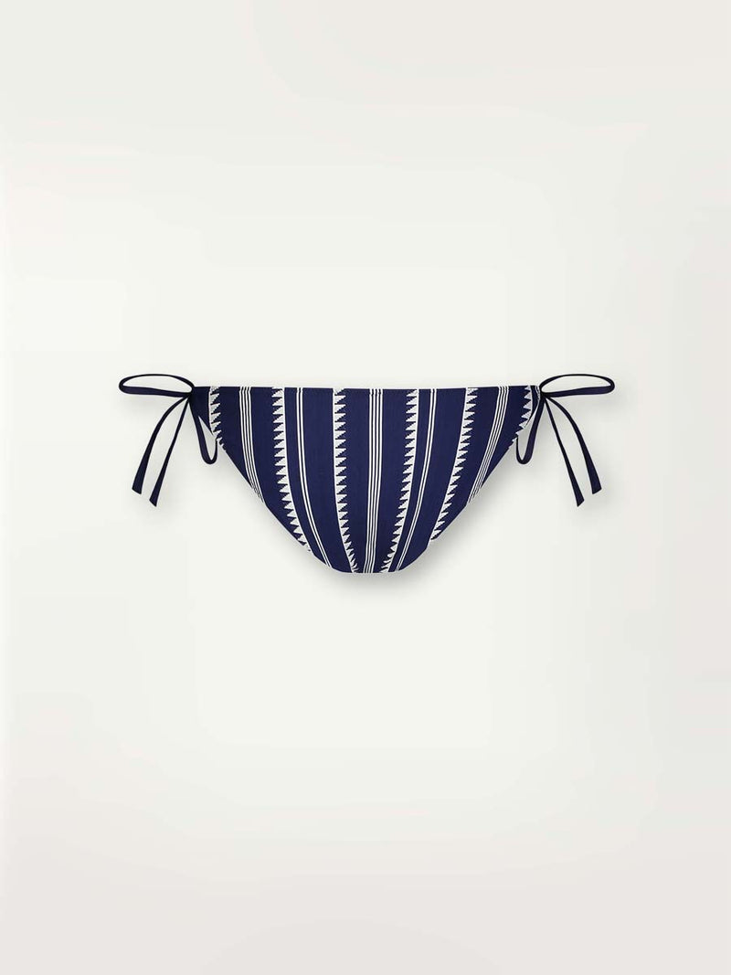Product-shot back view of a navy Nunu string bikini bottom with white triangles and stripes
