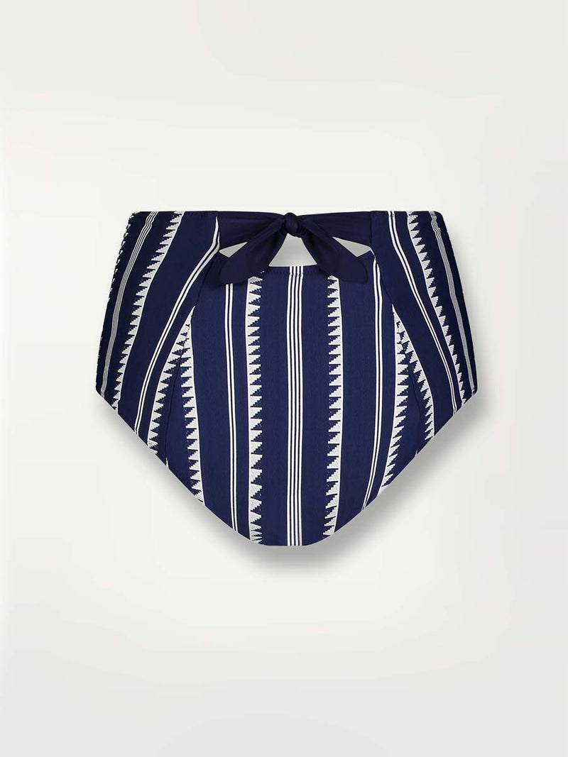 Product-shot back view of a navy Nunu high waist bikini bottom with white triangles and stripes