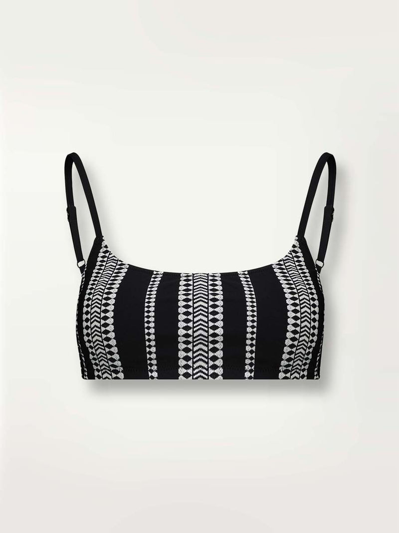 Product shot of the front of the Luchia Bralette in black with white stripes and black diamond pattern.