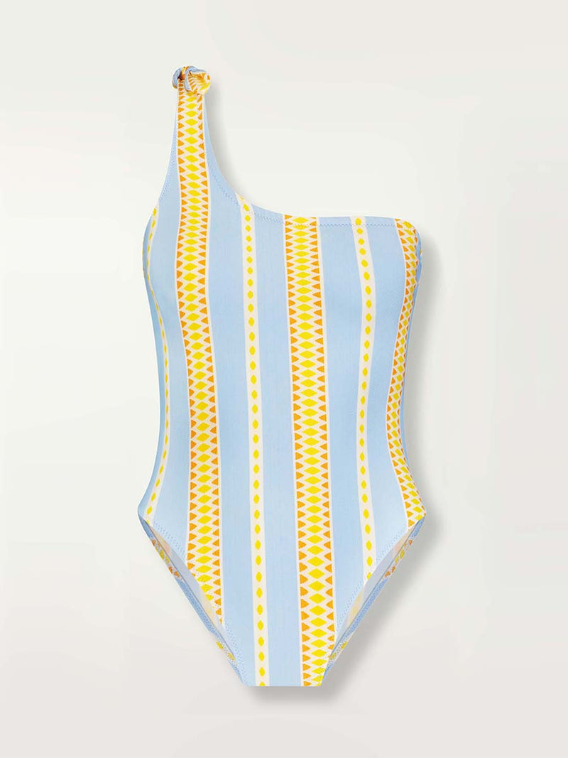 Product shot of the front of the Jemari One Shoulder One Piece in sky blue featuring yellow and orange diamond patterns.