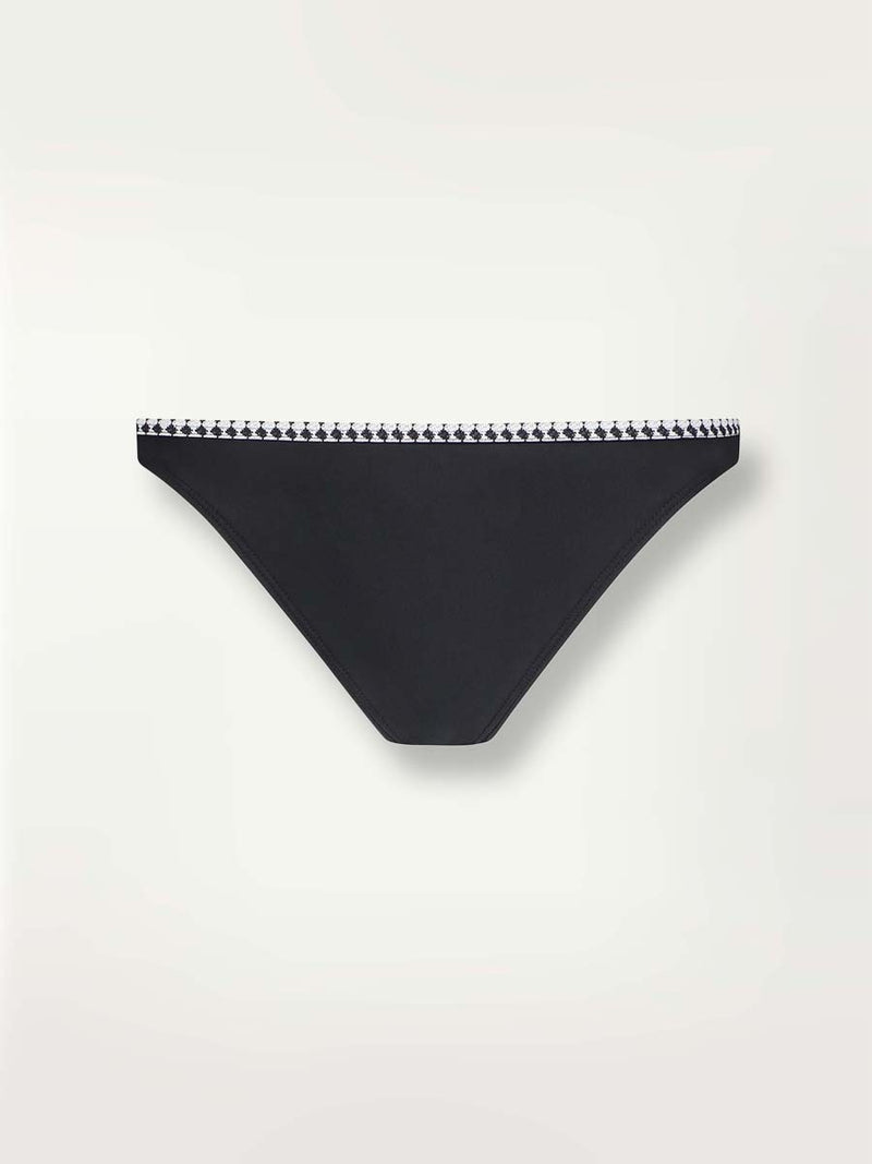 Product shot of the front of the Lena Brief Bikini Bottom in Black featuring black and white tibeb trim.