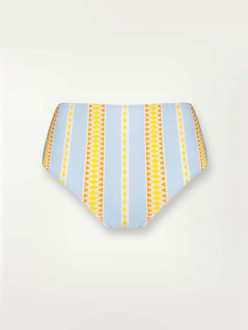 Product-shot of the front of the Jemari High Waist Bottom in sky blue featuring yellow and orange diamond patterns.