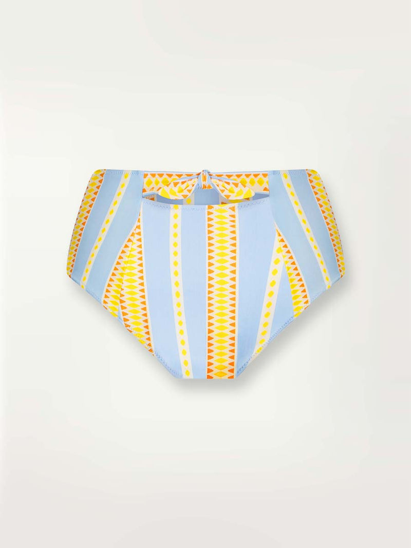 Product-shot of the back of the Jemari High Waist Bottom in sky blue featuring yellow and orange diamond patterns.