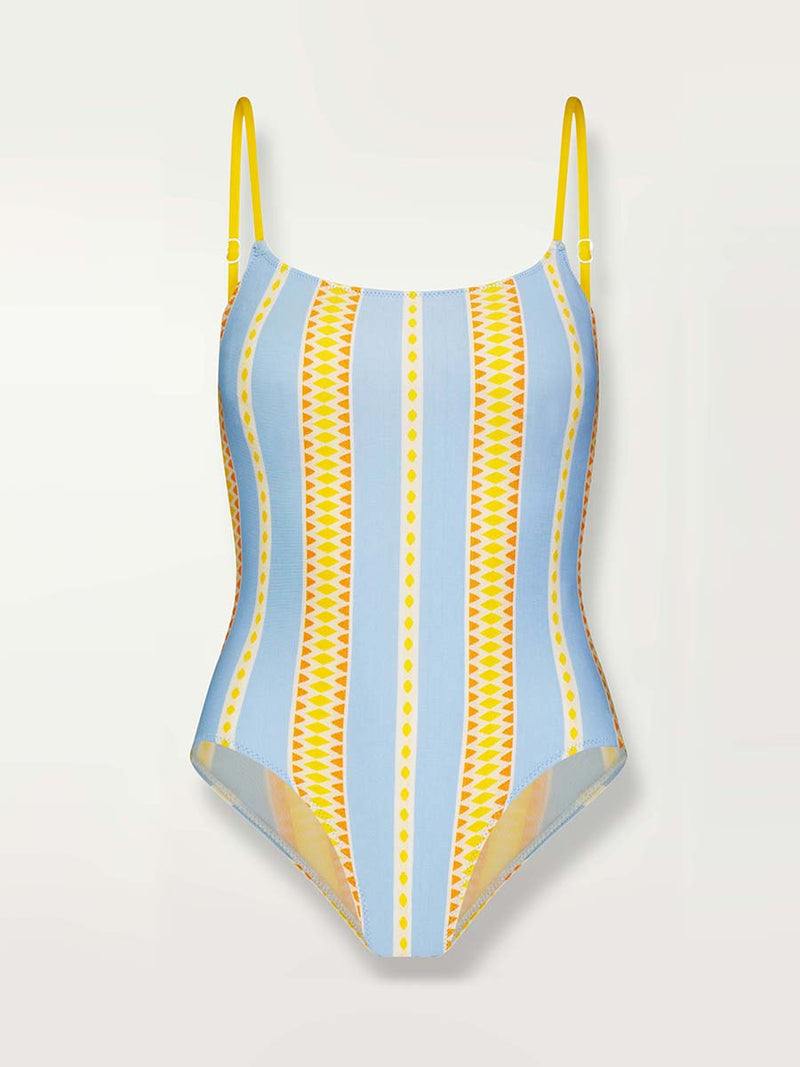 Product shot of the front of the  Jemari Classic One Piece in sky blue featuring yellow and orange diamond patterns.