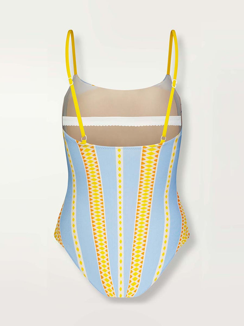Product shot of the back of the  Jemari Classic One Piece in sky blue featuring yellow and orange diamond patterns.