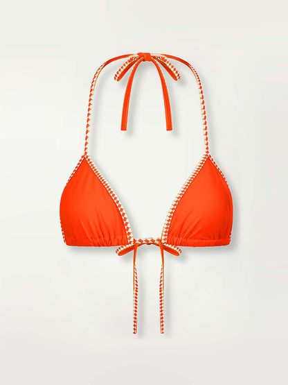 Product shot of the front of the Lena Triangle Top in Neon Orange featuring white and orange tibeb trim.