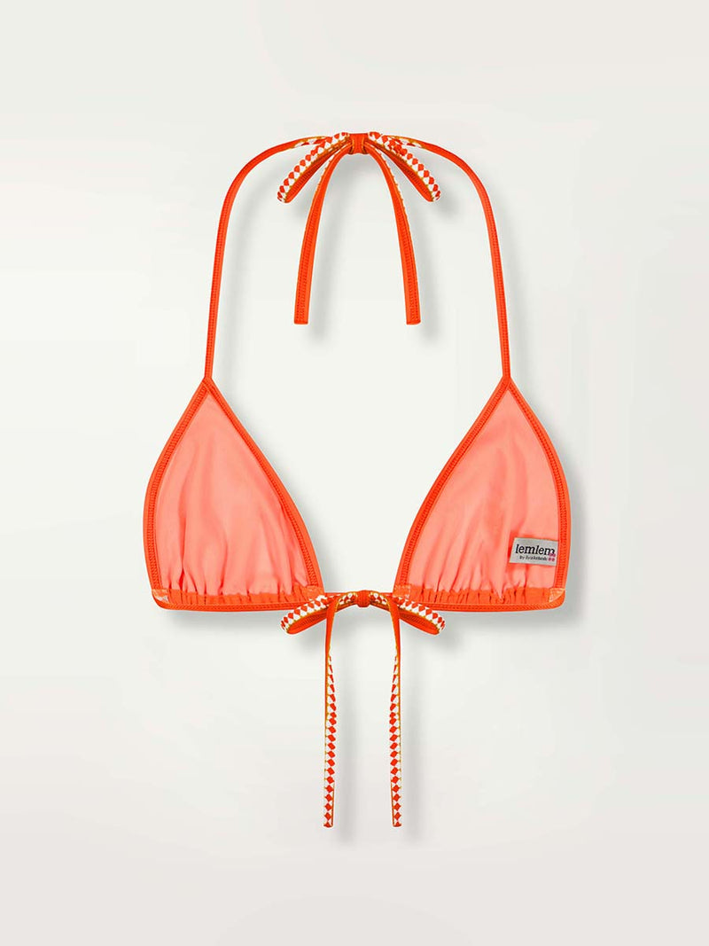 Product shot of the back of the Lena Triangle Top in Neon Orange featuring white and orange tibeb trim.