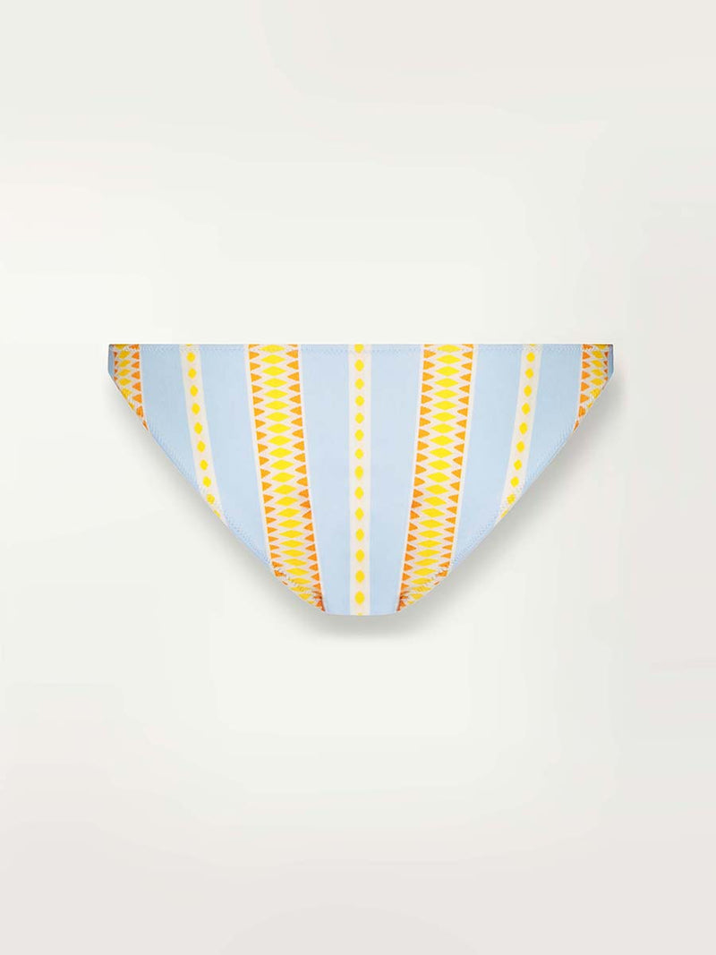 Product shot of the back of the Jemari Brief Bikini Bottom in sky blue featuring yellow and orange diamond patterns 
