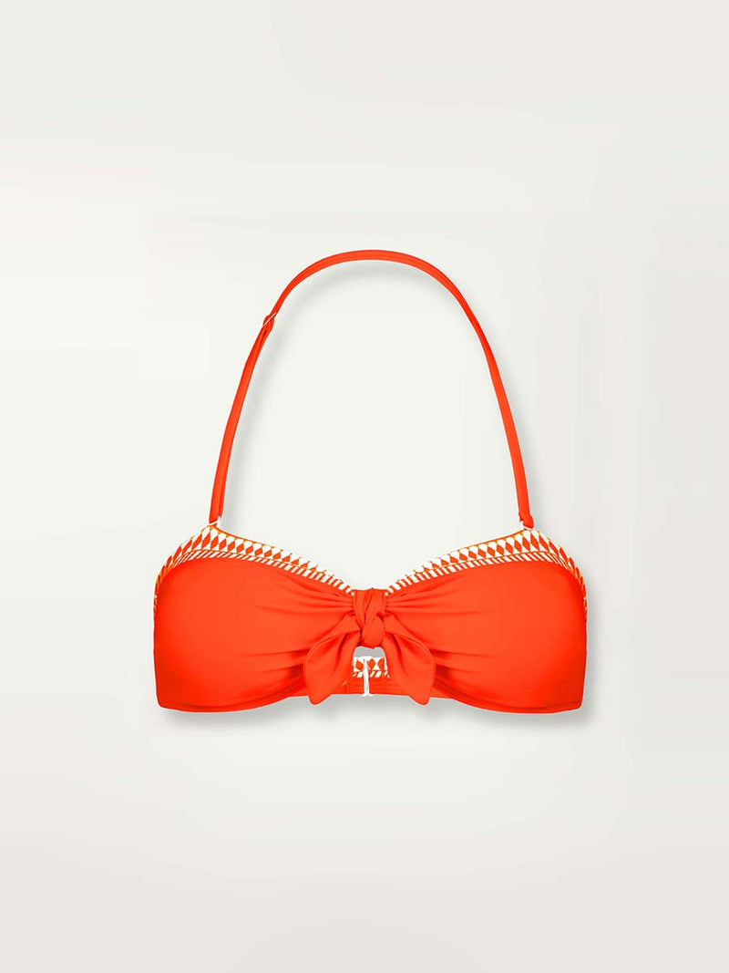 Product shot of the front of the Lena Bandeau Top in Neon Orange featuring white and orange tibeb trim.