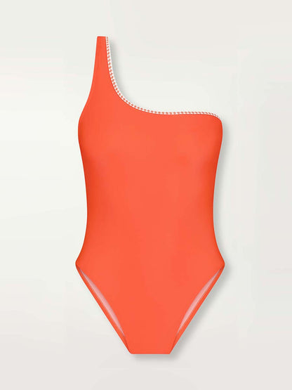 Product shot of the front of the  Lena One Shoulder One Piece in Neon Orange featuring white and orange tibeb trim.