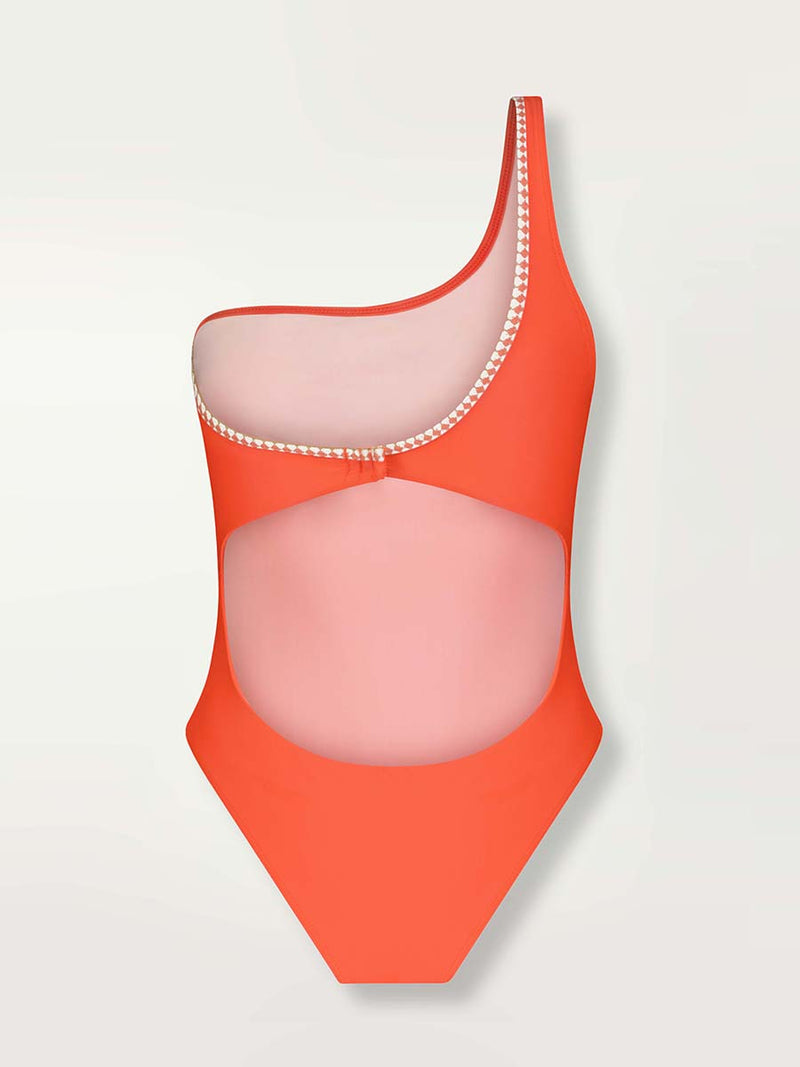 Product shot of the back of the  Lena One Shoulder One Piece in Neon Orange featuring white and orange tibeb trim.