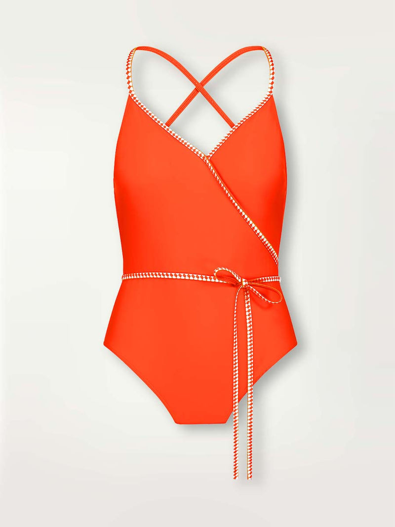 Product-shot of the front of the Lena Ballet One Piece in Neon Orange featuring white and orange tibeb trim.