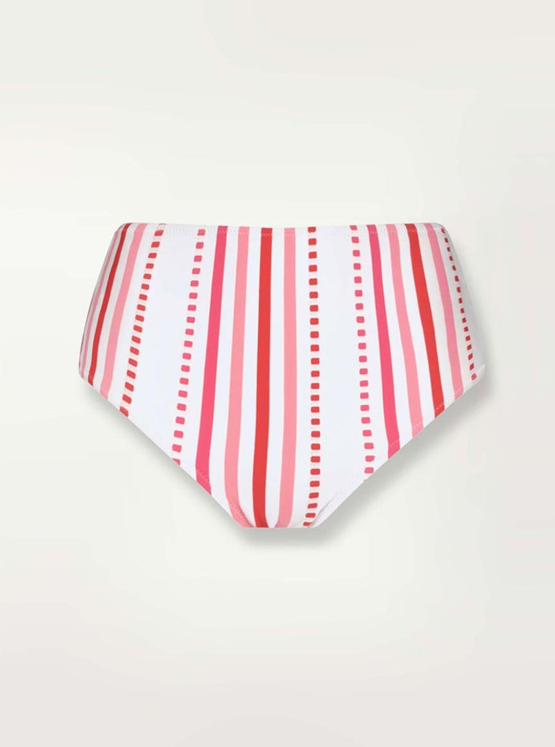 Product shot of the front of the Eshe High Waist Bottom in pink featuring pink stripes and dots pattern.