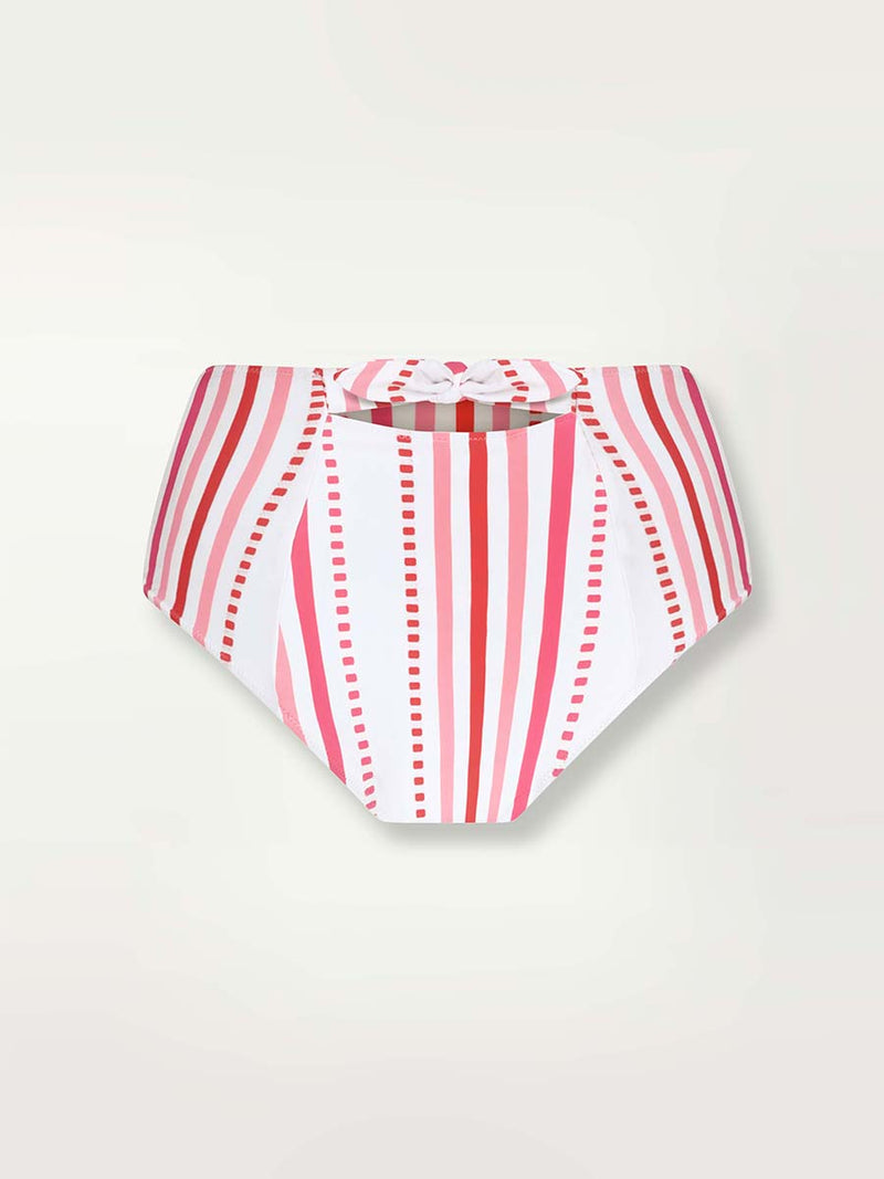 Product shot of the back of the Eshe High Waist Bottom in pink featuring pink stripes and dots pattern.
