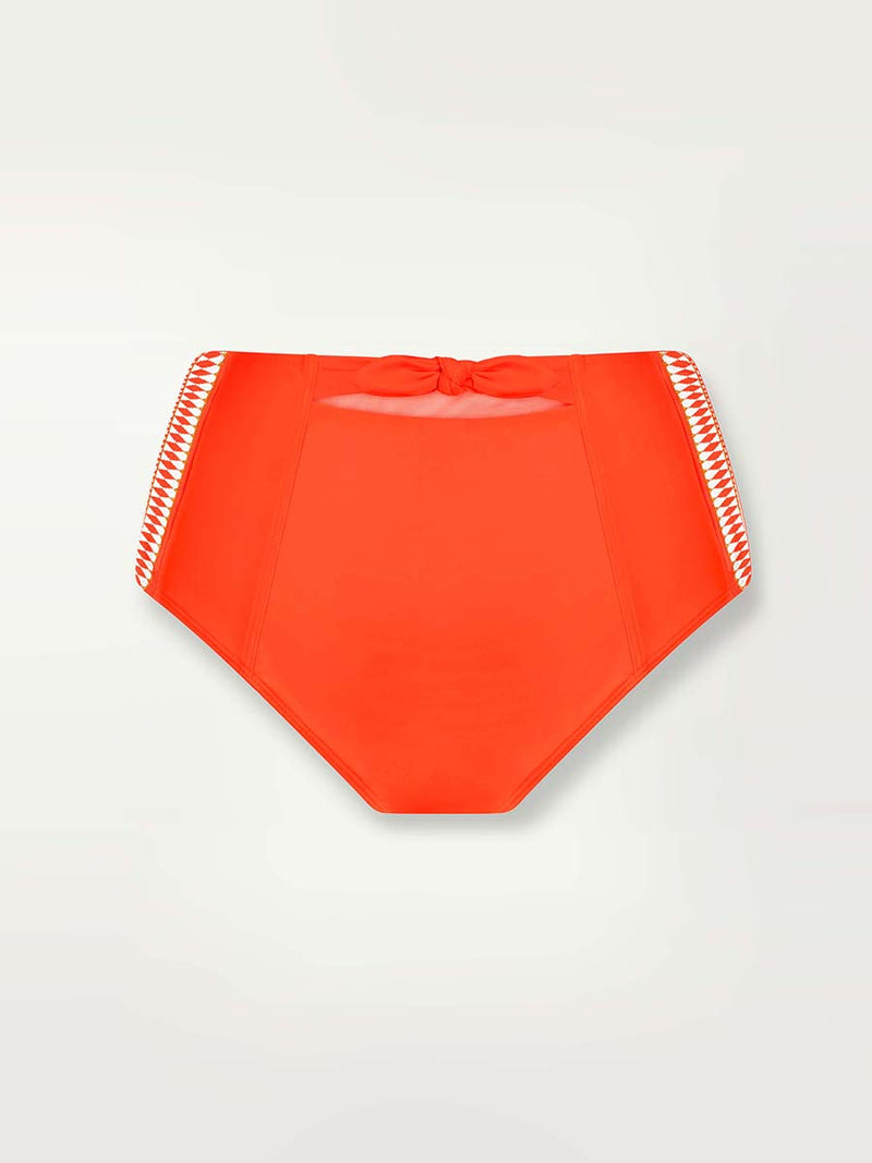 Product shot of the back of the Lena High Waist Bottom in Neon Orange featuring white and orange tibeb trim 