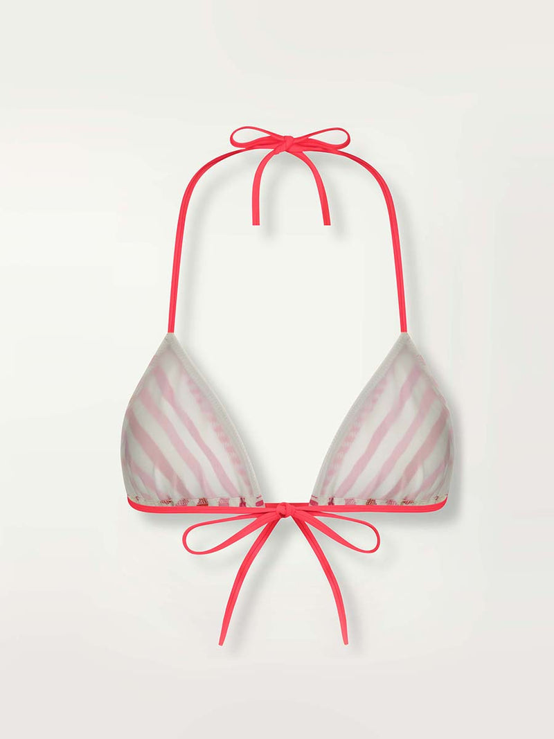 Product shot of the back of Eshe Triangle Top in pink featuring pink stripes and dots pattern.
