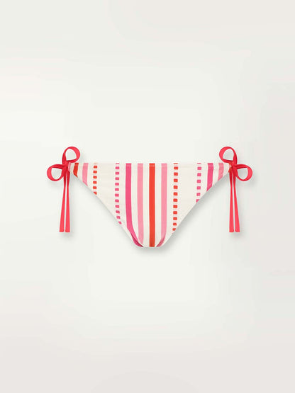 Product shot of the front of the Eshe String Bikini Bottom in pink featuring pink stripes and dots pattern