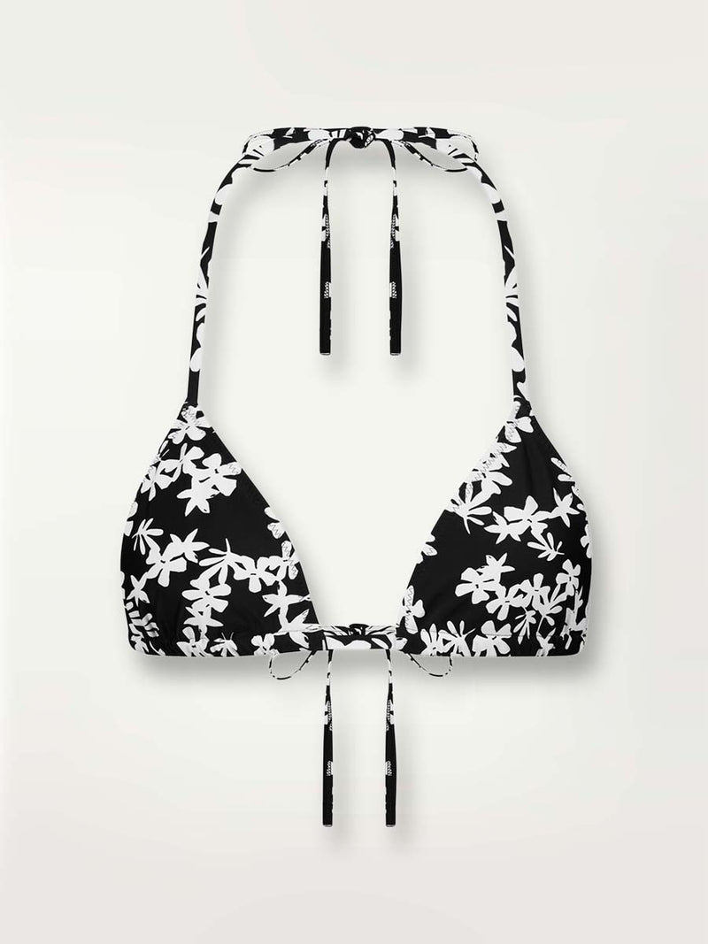 Product-shot of the front of the Sea Floral Triangle Top in black featuring white allover floral print.