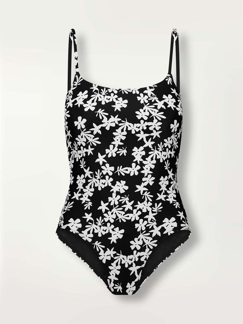 Product-shot of the front of the Sea Floral Classic One Piece in black featuring white allover floral print.