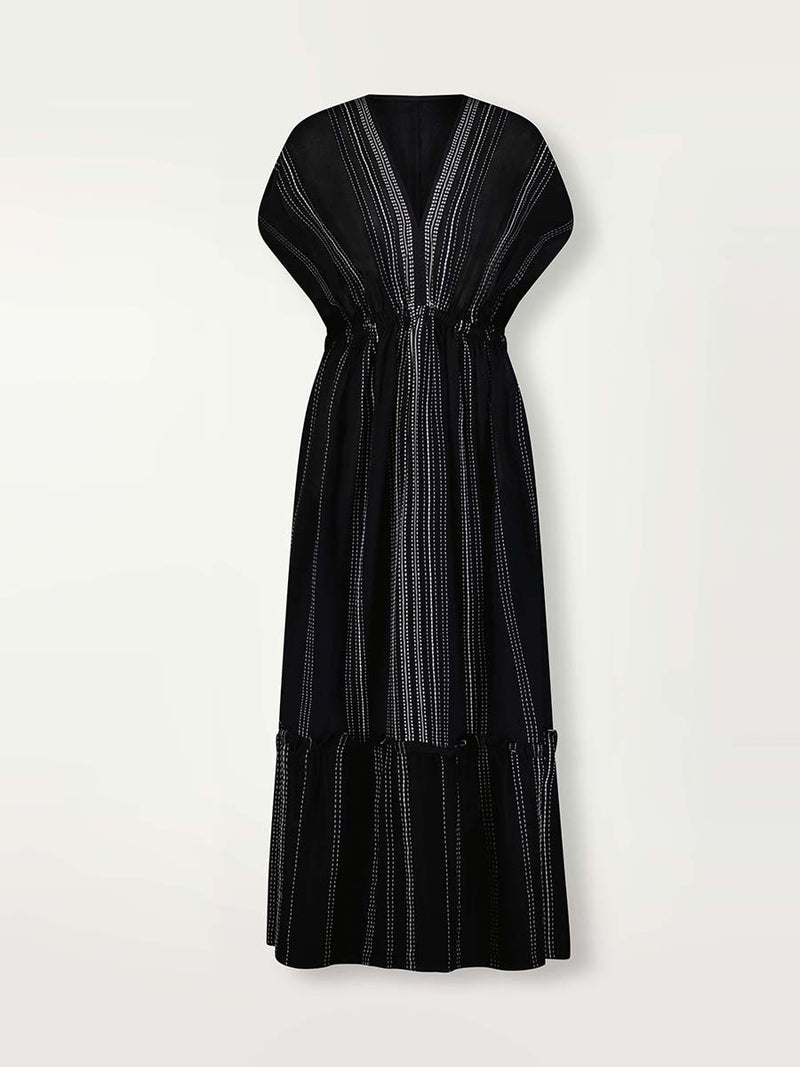 Product shot of the front of the Leliti Plunge Neck Dress in Black with white stitching allover.