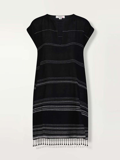 Product shot of the front of the Leliti Tunic Dress in Black with white stitching allover.