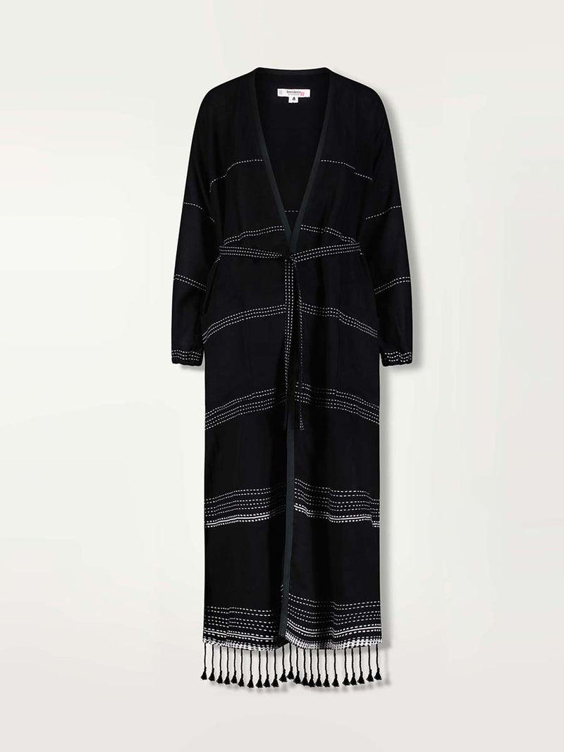 Product shot of the front of the Leliti Long Robe in black with white stitching allover and matching waist tie.